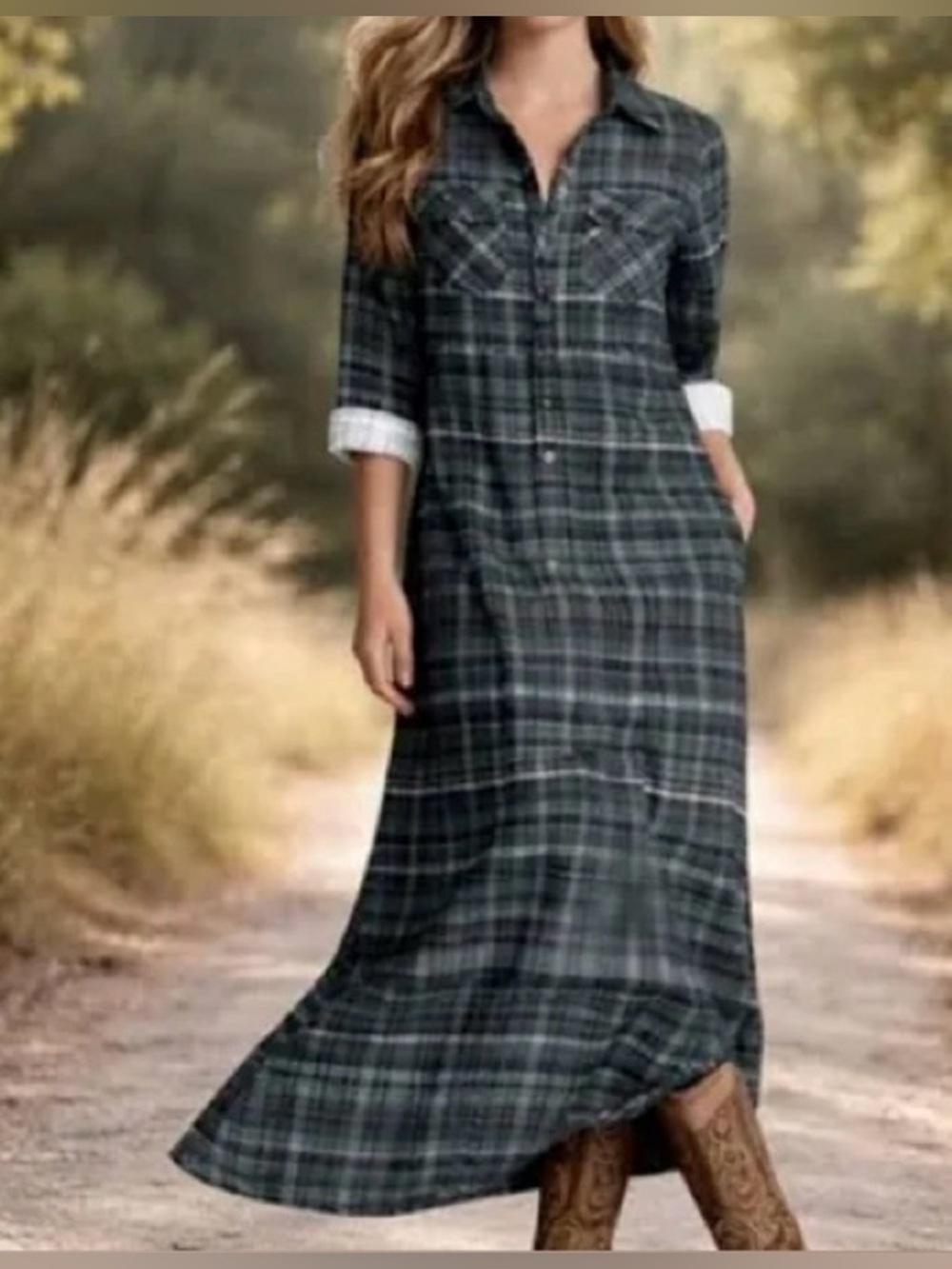NWT Modesees Large Green Western Plaid Button-Front Maxi Shirt Dress
